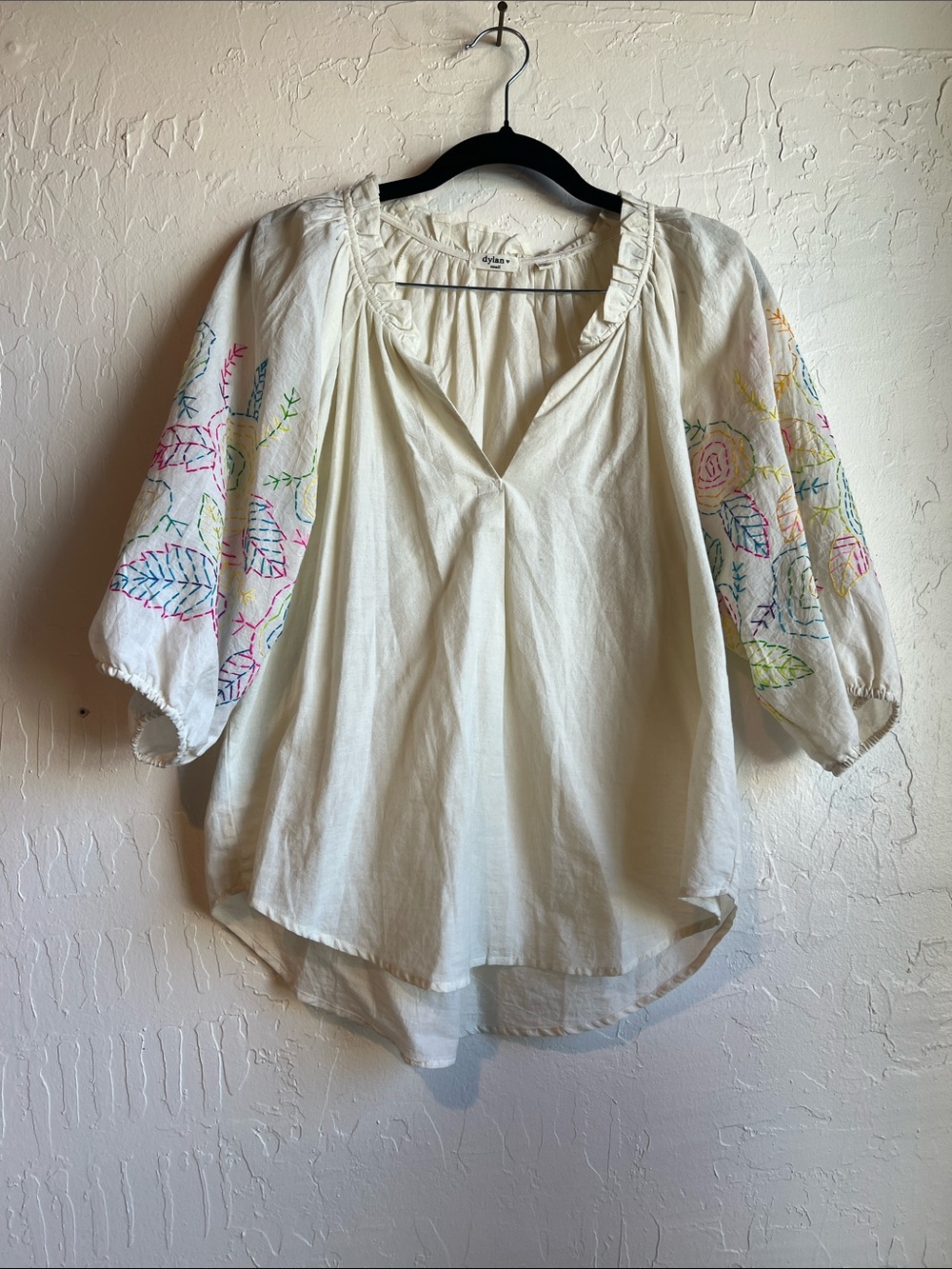 NWOT Full Bloom top by Dylan - Cream with Multicolor Sleeve Embroidery